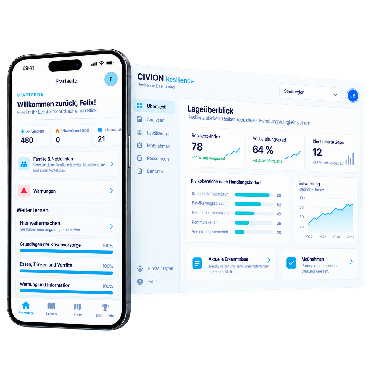 Bürger-App im iPhone und CIVION Resilience Dashboard